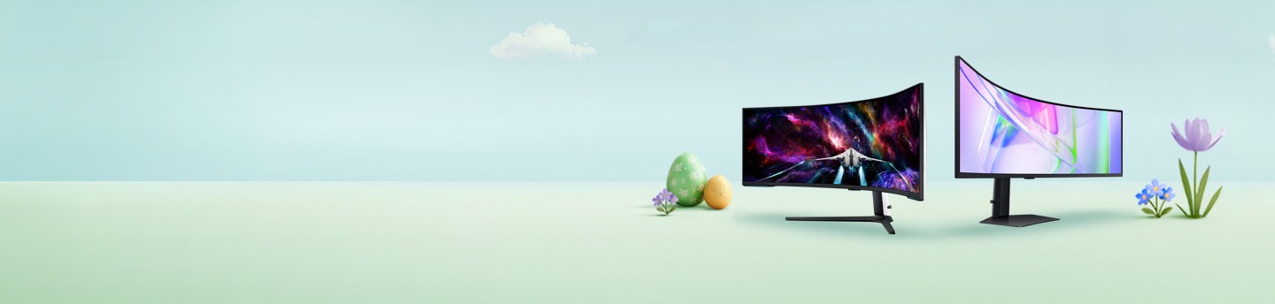 Zwei Samsung Fernseher auf einer animierten Blumenwiese mit Ostereiern.