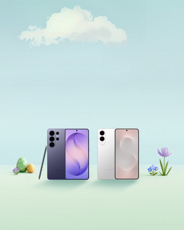 Samsung Galaxy S26 Ultra und Galaxy S25 Edge auf einer animierten Blumenwiese mit Ostereiern.