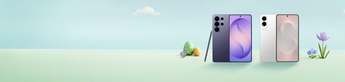 Samsung Galaxy S26 Ultra und Galaxy S25 Edge auf einer animierten Blumenwiese mit Ostereiern.