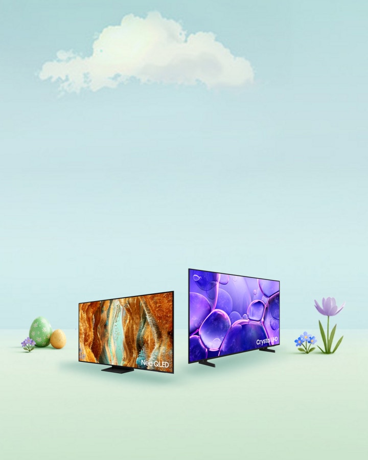 Zwei Samsung Monitore auf einer animierten Blumenwiese mit Ostereiern.