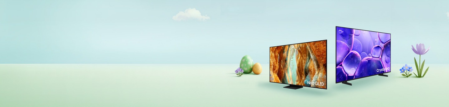 Zwei Samsung Monitore auf einer animierten Blumenwiese mit Ostereiern.