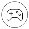 A circle containing a representation of a game console controller. 