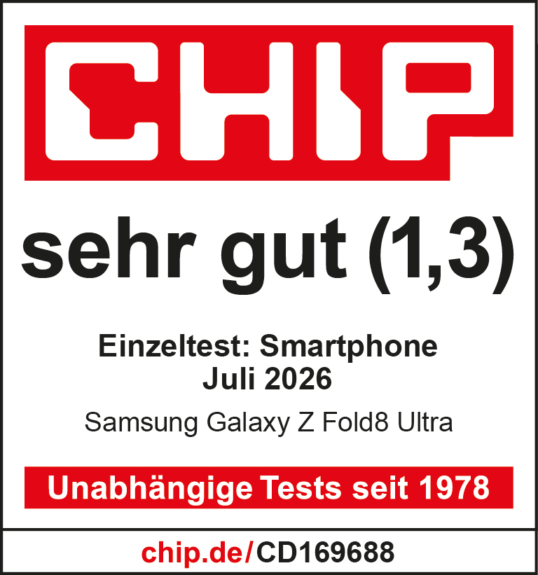 Ausgezeichnet von Chip: Das Samsung Galaxy Z Fold8 Ultra überzeugt mit der Note „sehr gut“ (1,3).