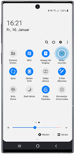 Bilds.-recorder ist im Schnelleinstellungen-Panel des Galaxy Note10+ markiert.