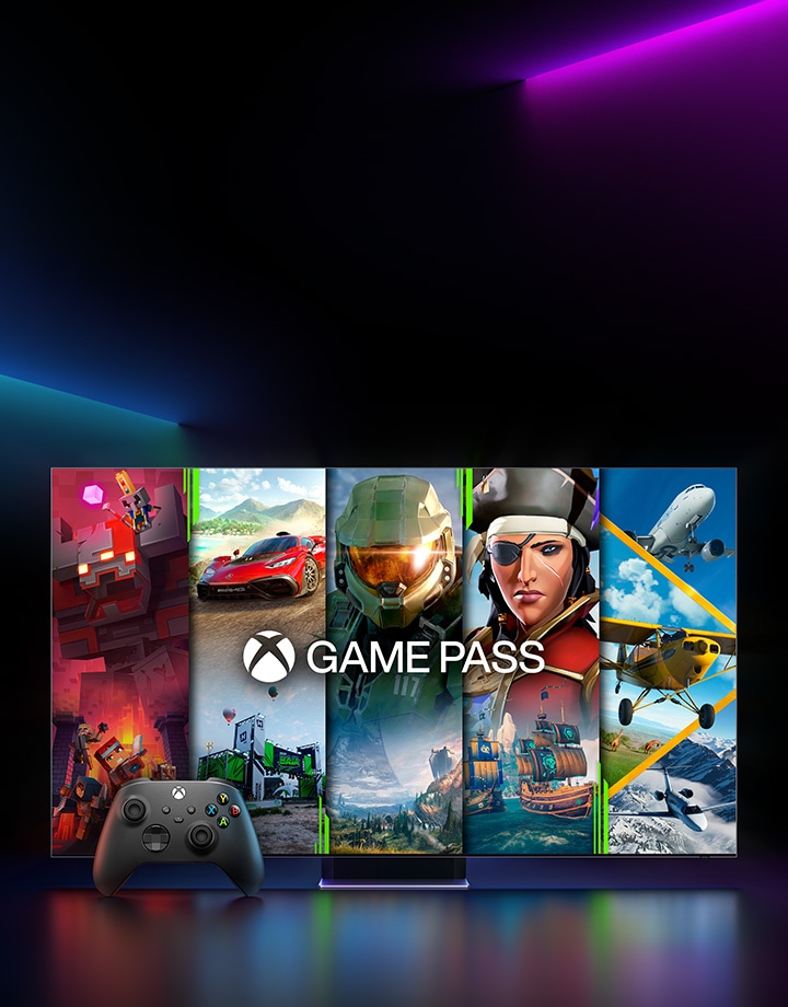 Screenshots von 5 verschiedenen Xbox-Spielen werden auf einmal angezeigt. Das Xbox Game Pass-Logo und ein Spiel-Controller sind zu sehen.