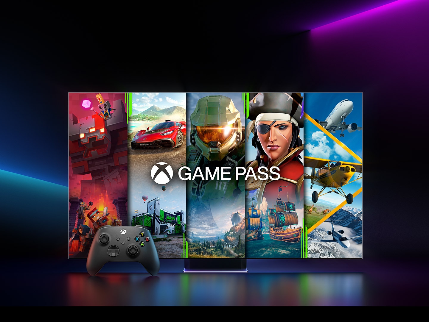 Screenshots von 5 verschiedenen Xbox-Spielen werden auf einmal angezeigt. Das Xbox Game Pass-Logo und ein Spiel-Controller sind zu sehen.