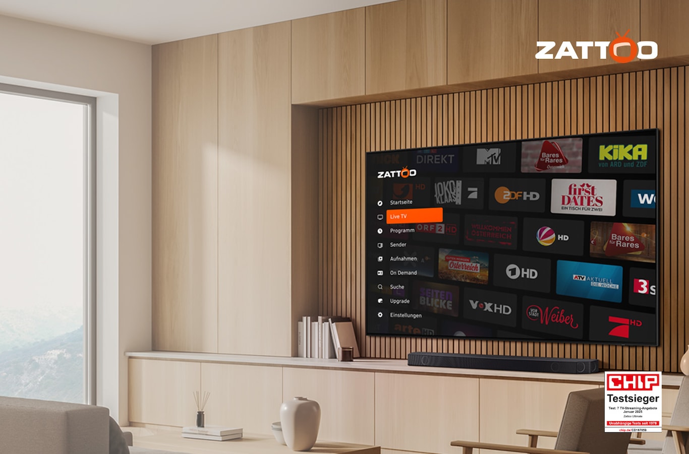 Logo von "Zattoo" auf einem braunen Hintergrund