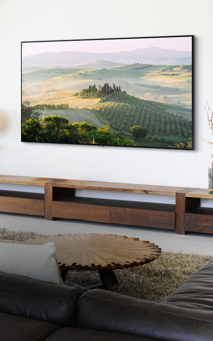 Ein an der Wand montierter Samsung-Fernseher mit großem Bildschirm, der eine ländliche Landschaft in einem Wohnzimmer zeigt.