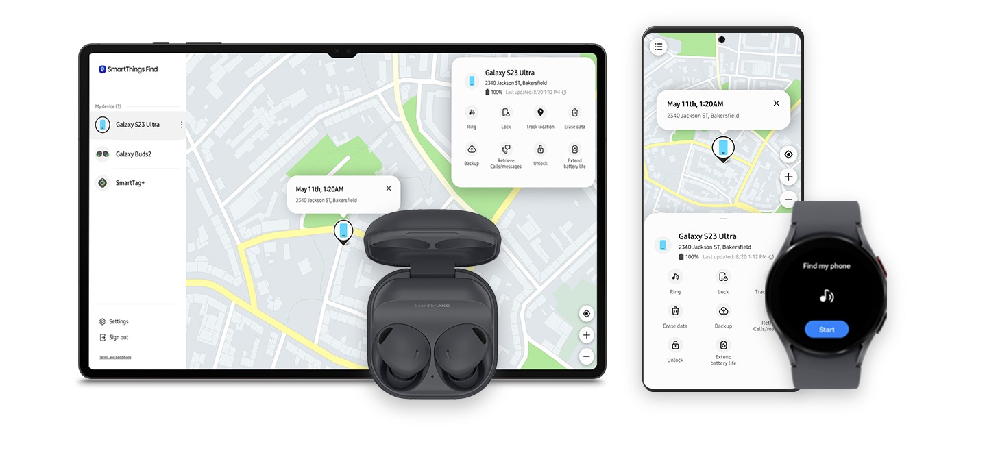 Galaxy Book, Galaxy Tab and Galaxy smartphone are displaying the SmartThings Find screen. The last tracked location of the lost device, Galaxy S23 Ultra, is shown. SmartTag, Galaxy Buds and Galaxy Watch are shown to indicate they can also be used for SmartThings Find. Galaxy Watch is displaying the text 'Find my phone' with a ringing icon in the middle and a 'Start' button at the bottom.