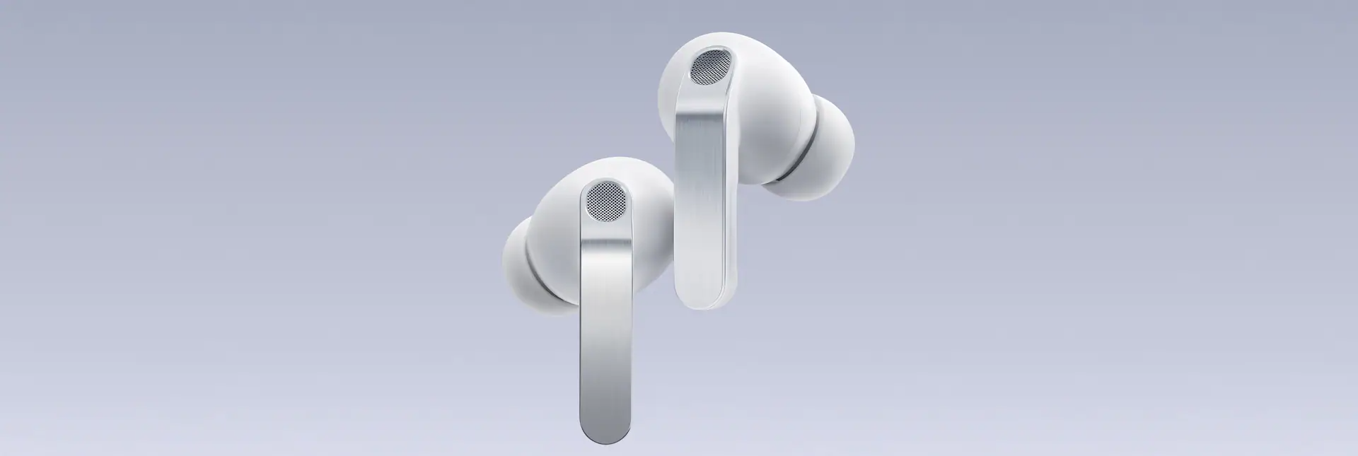 A pair of white Galaxy Buds4 Pro hover with the left earbud slightly lower than the right.