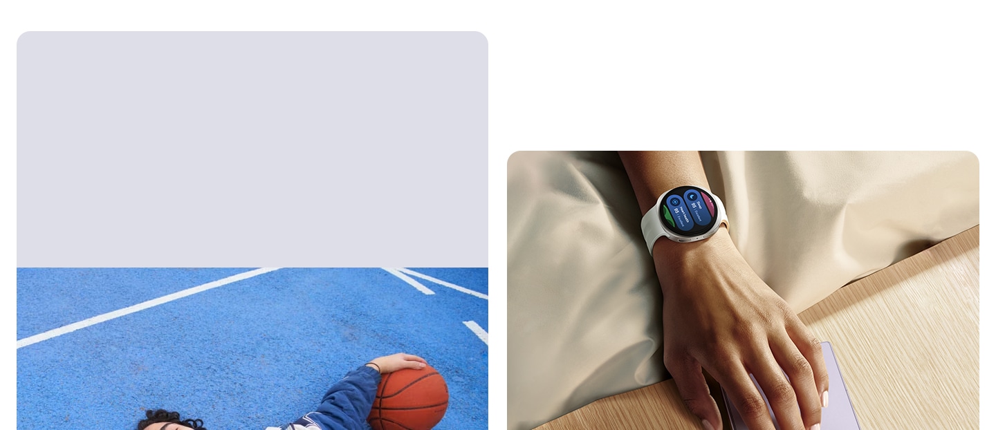 A hand wears a Galaxy Watch9 in Cream with the tiles for Sleep and Heart health on the screen. The fingers hover over a folded Galaxy Z Fold8 in Lavender on a bedside table.