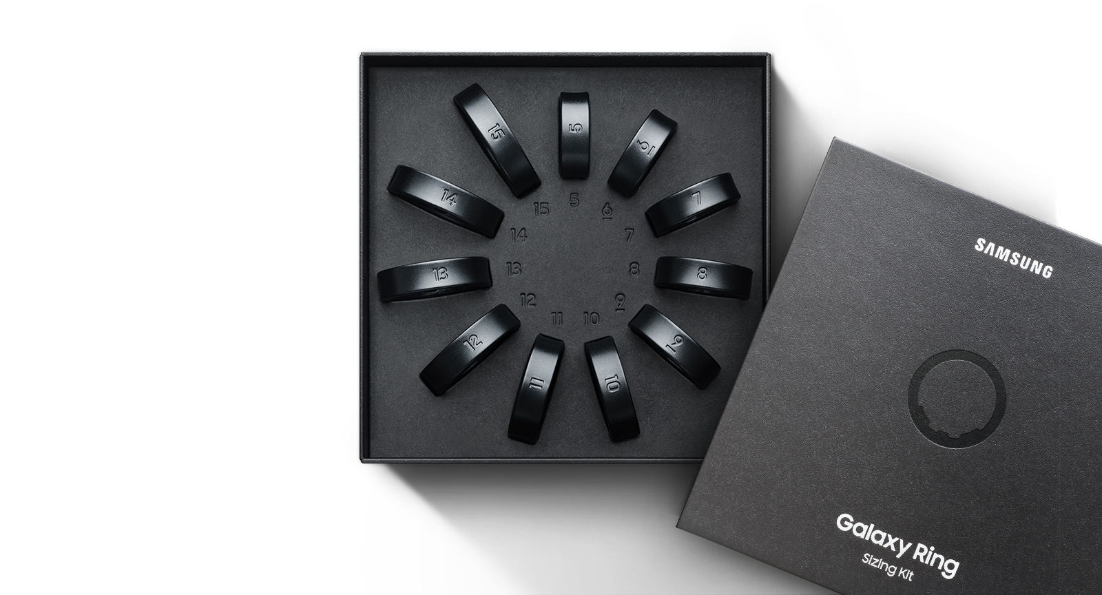 Galaxy Ring Sizing Kit is open. 11 sample rings can be seen.