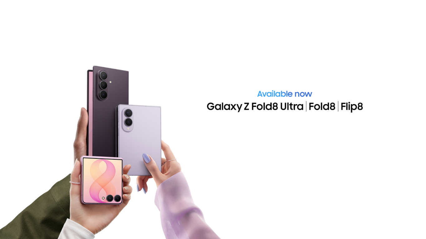 Three hands are seen each holding up a folded Galaxy Z Fold8 Ultra, Galaxy Z Fold8 and Galaxy Z Flip8. Available now. Galaxy Z Fold8 Ultra, Fold8, Flip8.