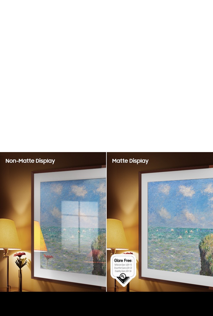 The same artwork is shown in both Conventional and Matte Display. The Conventional display has light reflections near a lamp while the Matte Display does not. The Glare Free logo that's been certified Reflection Glare UGR<10, Discomfort Glare UGR<22, Disability Glare UGR<34 are on display as well.