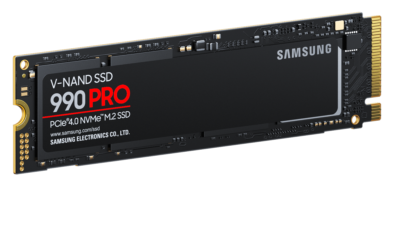The 990 PRO product sits at a slightly diagonal angle in the leftmost square.