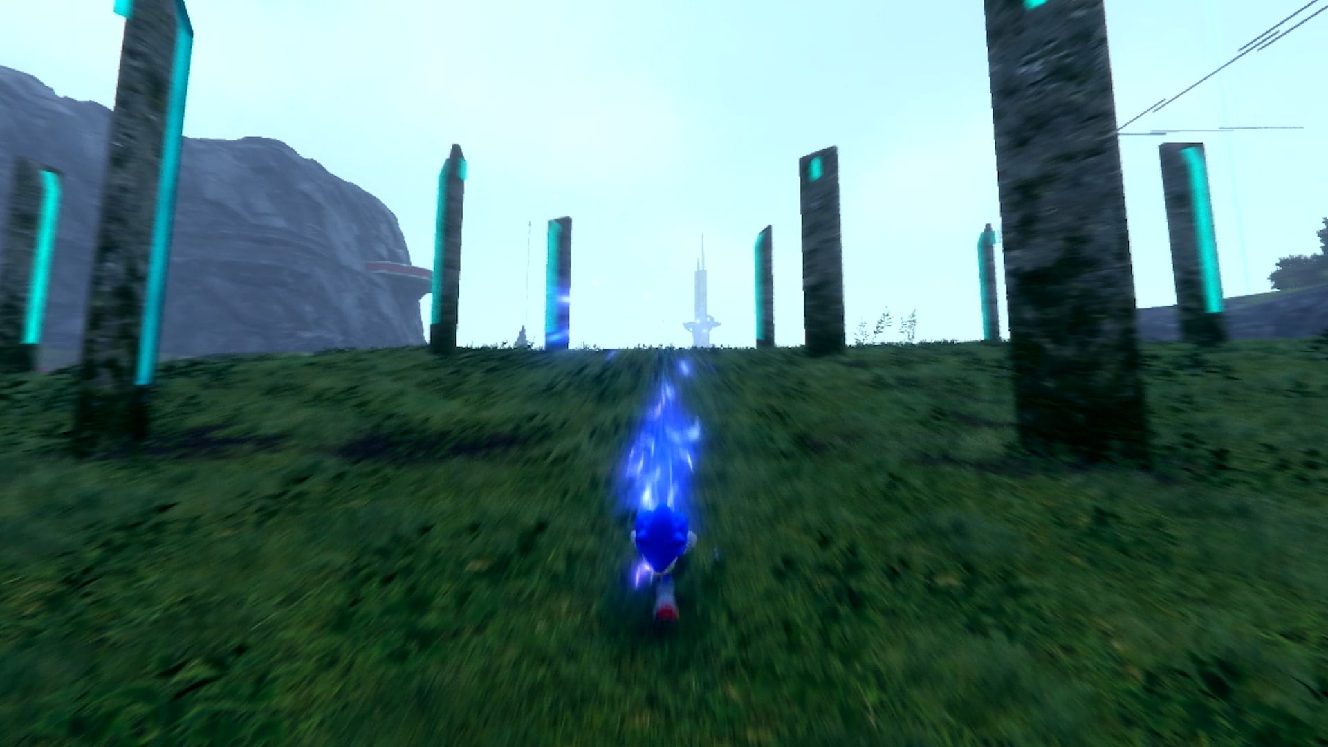 Sonic character by SEGA Corporation runs at high speed.