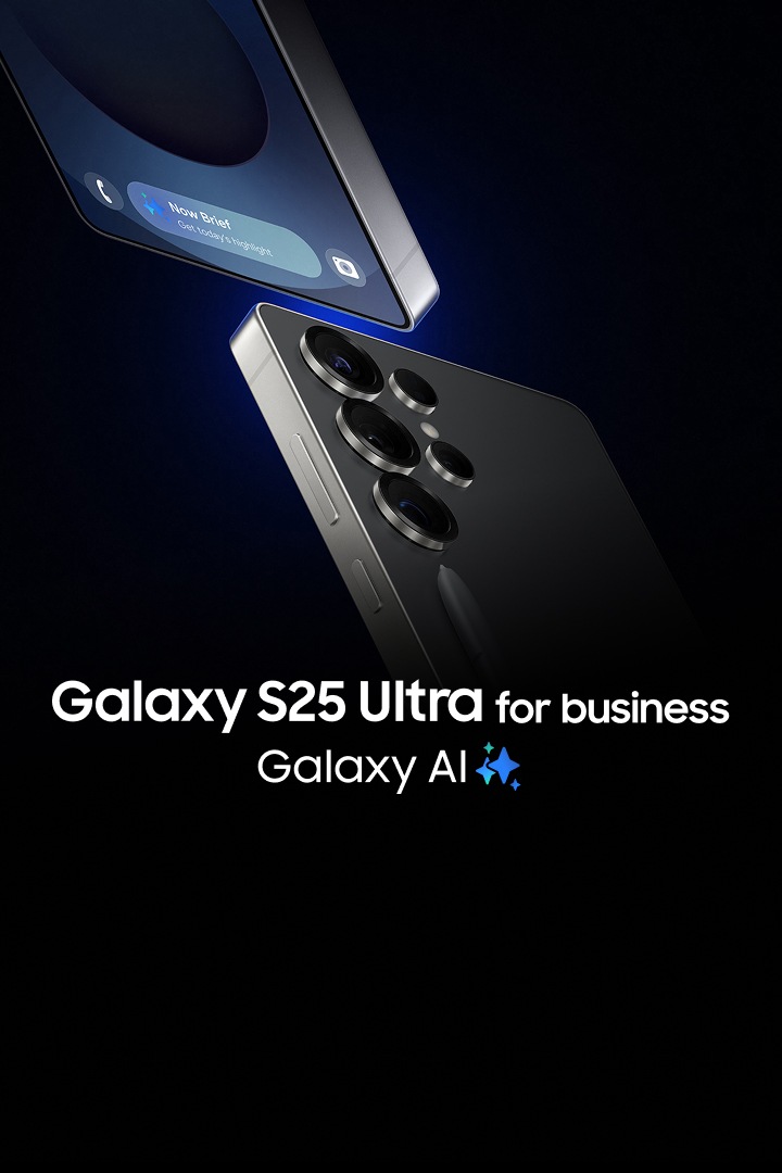 2 Galaxy S25 Ultra devices in Titanium Silverblue and Titanium Black nearly touch at their corners, one in rear view and one in front view. The Galaxy S25 Ultra in front view shows a Now Brief notification in the Now Bar with the words, 'Get today's highlight.'  The Galaxy S25 Ultra in rear view has the S Pen resting on the back. Galaxy S25 Ultra for business. Galaxy AI.