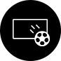 A circle containing a representation of a TV with a soccer ball flying out of it.