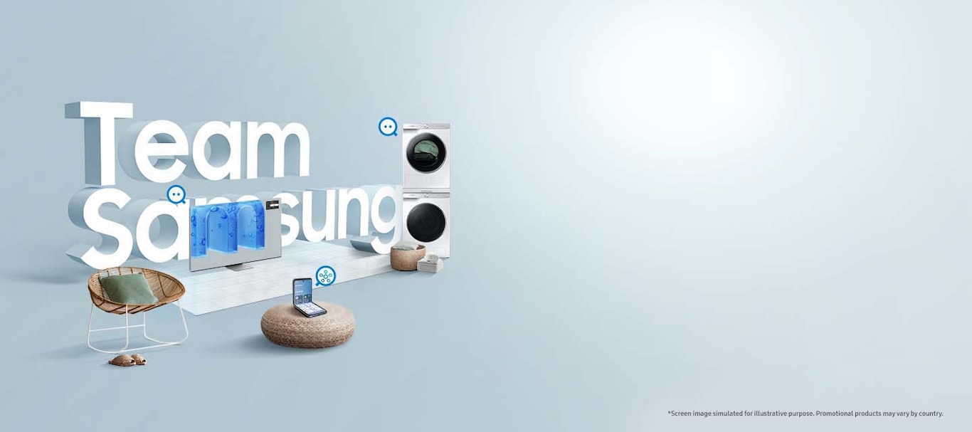 The 3D title 'Team Samsung'. It is surrounded with several Samsung devices, including a Neo QLED TV, a Galaxy Z Flip3, a QuickDrive™ washer and a DV90T dryer. They are set amongst several home furnishings, with all screen devices displaying visual graphics. Each device has a speech bubble or SmartThings logo on them.