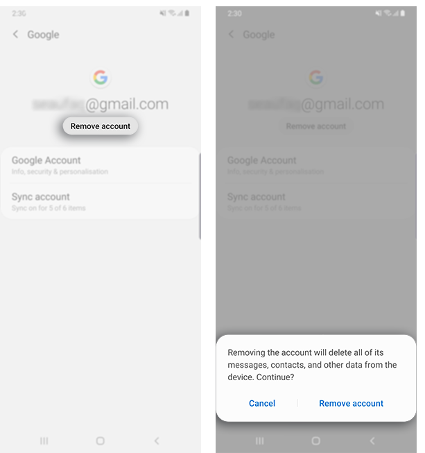 How do I remove an existing Google Account on my Samsung device