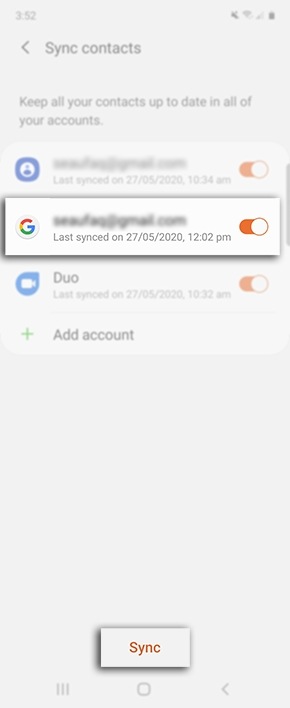 Tap on sync to sync contacts to Google account