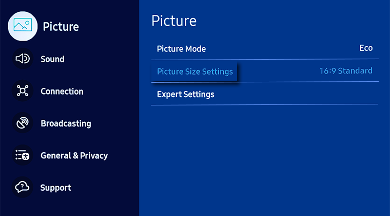 Select Picture and then Picture Size Settings