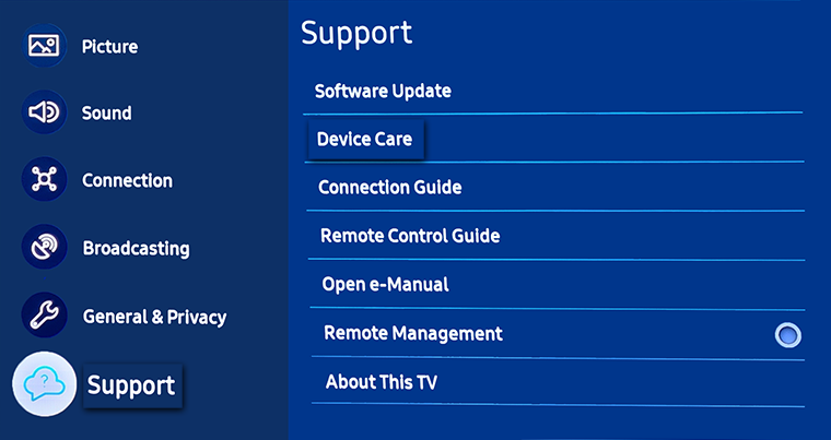 Select Support then Device Care