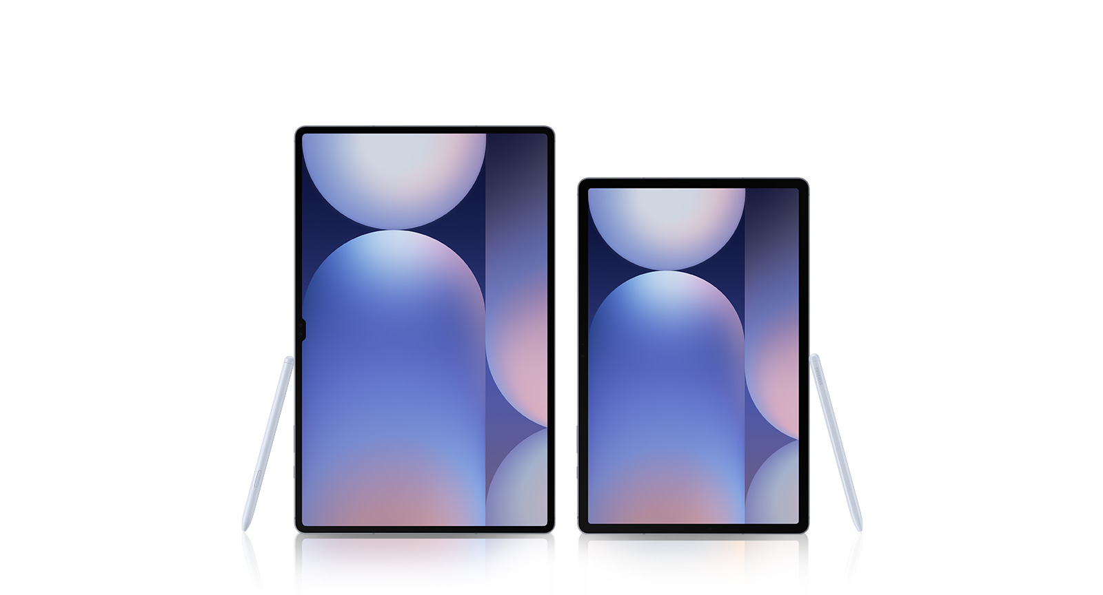 Front view of Galaxy Tab S10 Ultra in portrait mode with S Pen standing next to Galaxy Tab S10+ with S Pen to highlight the size difference between the two devices.