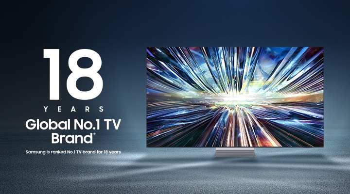 Samsung TV with a brilliant metallic design displayed. Logo indicating Samsung is ranked No.1 TV brand for 18 years.