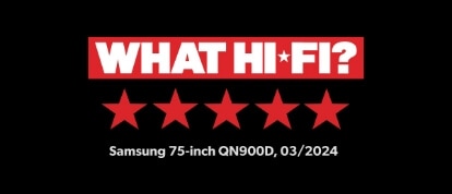 A five-star logo of “What Hi-Fi” for Samsung 75-inch QN900D, 03/2024