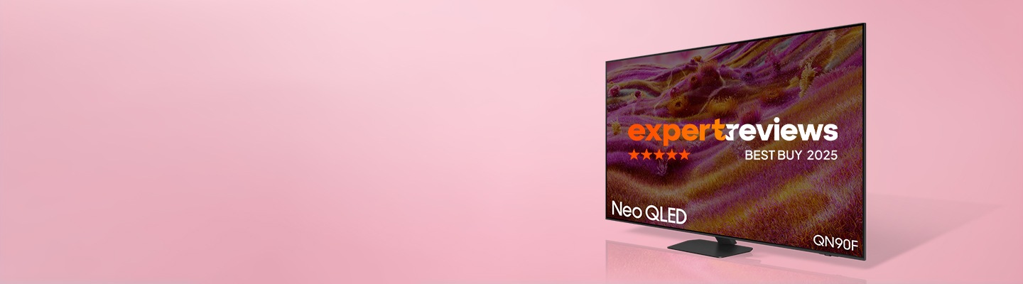A Neo QLED QN90F with expertreviews BEST BUY 2025 logo on display.