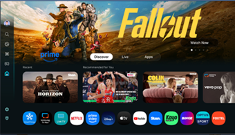 A TV screen displays apps, services and streaming options available with Samsung One UI Tizen.