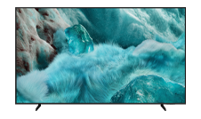 A Samsung QLED TV displays a blue and white abstract design on screen.