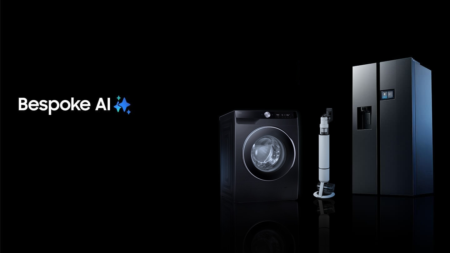 Samsung’s Bespoke AI product lineup shows: Bespoke AI Windfree, Bespoke AI Laundry, Bespoke Jet Bot Combo AI Robot Vacuum Cleaner and Bespoke AI Home Side-by-Side Refrigerator. Bespoke AI logo.