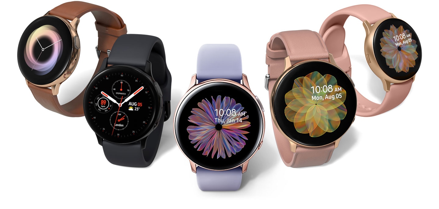 Five Galaxy Watch Active2 models side by side in a range of colours and materials: Gold Watch with Brown Leather Strap, Black Watch with Aqua Black Sport Band, Rose Gold Watch with Violet Sport Band, Cloud Silver Watch with Cloud Silver Leather Strap, and Gold Watch with Pink Sport Band.