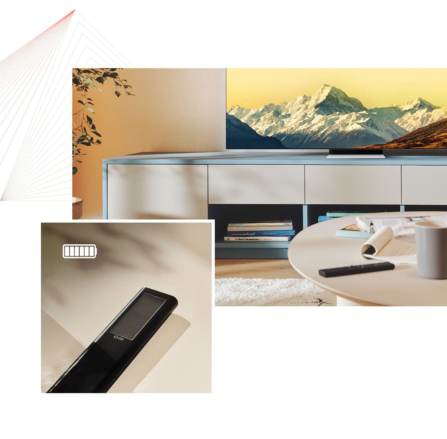 Birinci: işıqlı otaqda nümayiş olunan Neo QLED-in qarşısındakı masada SolarCell pultu var. İkinci: SolarCell pultunun yaxın planı tam doldurulmuş batareya simvolu ilə nümayiş olunur.