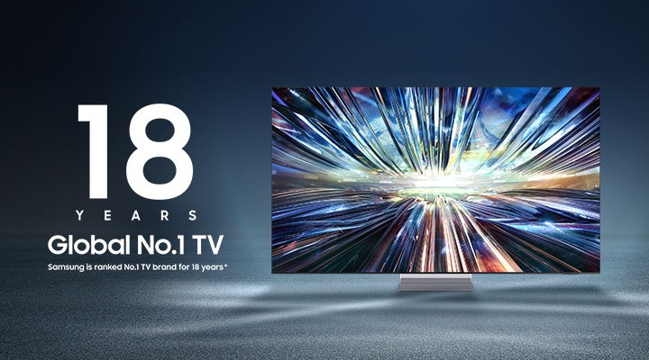 Parlaq metal dizayna malik Samsung televizoru nümayiş olunur. Samsung'un 18 ildir ki, 1 nömrəli TV brendi olduğunu göstərən logo.