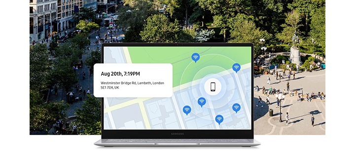 London je prikazan u pozadini. U prvom planu, na ekranu laptopa prikazana je lokacija izgubljenog uređaja na mapi, s datumom i vremenom praćene lokacije.