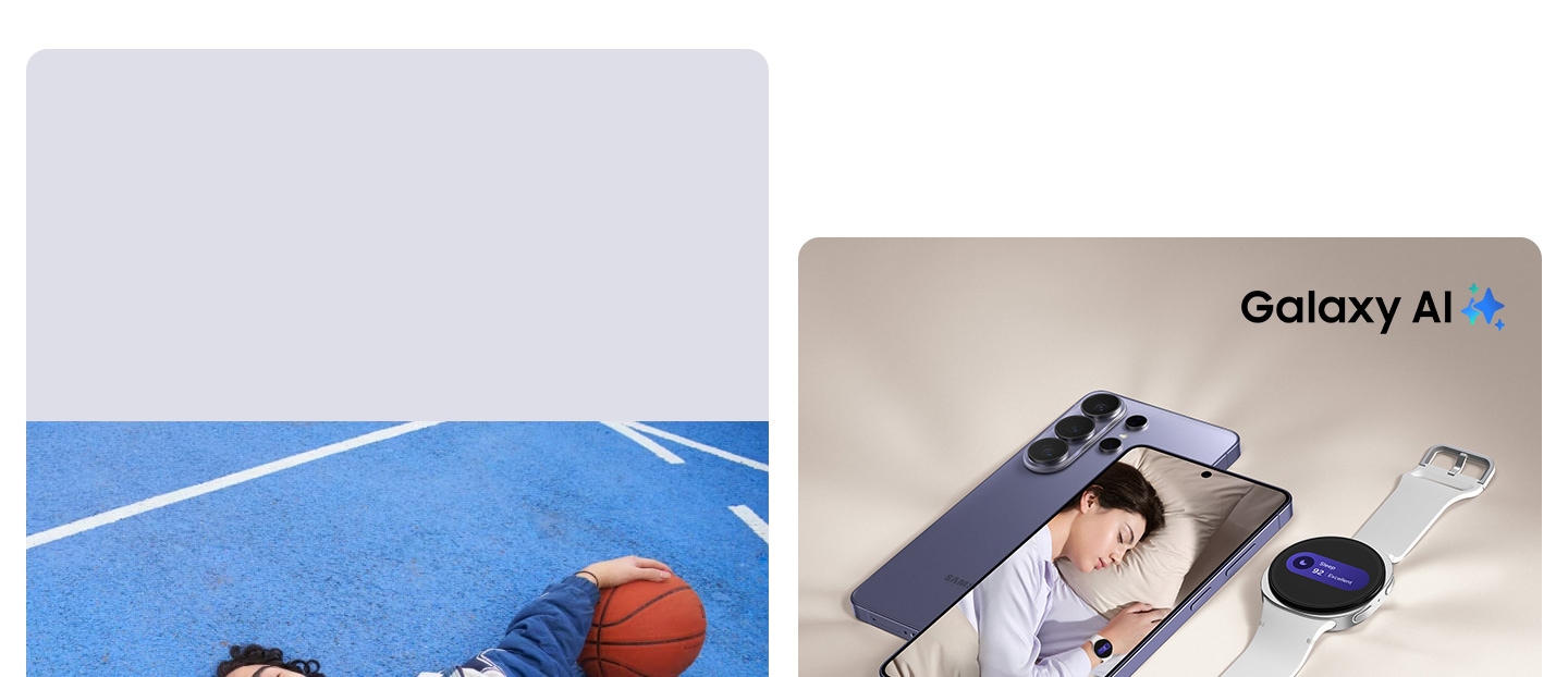 Two Galaxy S26 Ultra phones in Cobalt Violet are stacked together. The phone on top is seen from the front, displaying a sleeping woman wearing a Galaxy Watch8 on its screen. The phone at the bottom is seen from the back with its cameras visible. A Galaxy Watch8 in Silver is placed near the phones, displaying a Sleep Score on its screen. Galaxy AI logo.