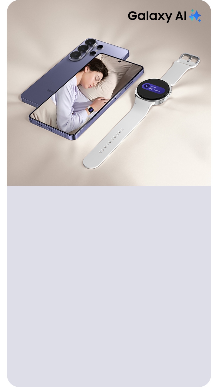 Two Galaxy S26 Ultra phones in Cobalt Violet are stacked together. The phone on top is seen from the front, displaying a sleeping woman wearing a Galaxy Watch8 on its screen. The phone at the bottom is seen from the back with its cameras visible. A Galaxy Watch8 in Silver is placed near the phones, displaying a Sleep Score on its screen. Galaxy AI logo.