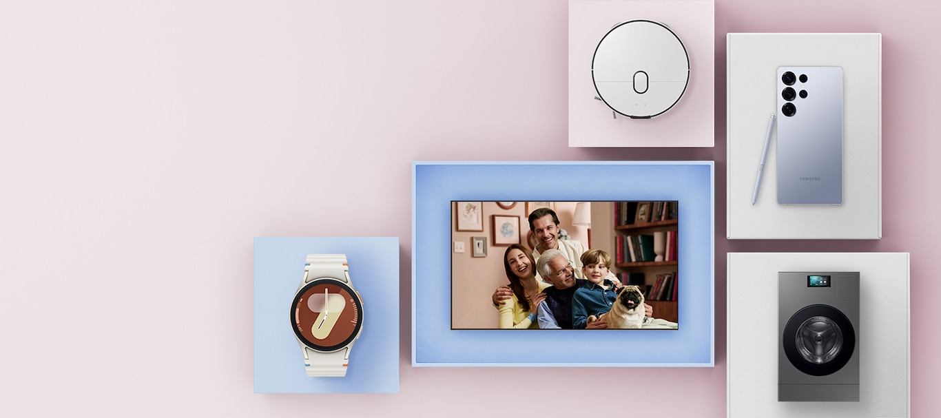 Een goed doordachte opstelling van een Galaxy Watch7, Galaxy S25 Ultra, Neo QLED 8K TV, Bespoke AI Steam en een BESPOKE AI Combo Washer & Dryer. Dit beeld onderstreept hoe de innovatieve producten van Samsung jou helpen om verbonden te blijven en slimmer voor jezelf en voor je familie te zorgen.