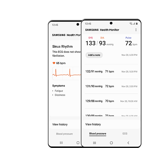 Twee overlappende schermen van de Galaxy-smartphone tonen de meetresultaten van de Samsung Health Monitor-app, waaronder sinusritme, bloeddruk, hartslag en meer.