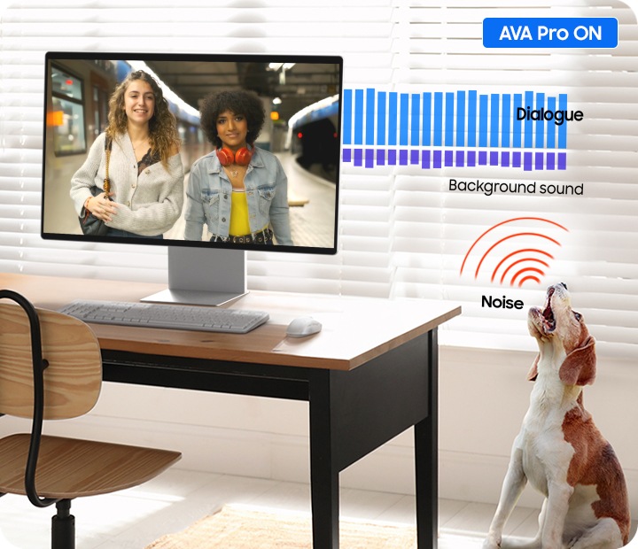 We zien een scène van twee vrouwen die aan het praten zijn. De geluidsbalken voor Dialogue en Background sound bewegen synchroon met de video. Met AVA Pro UIT blijft het geluid onveranderd wanneer een hond blaft. Met Ava Pro ON wordt het geluid van de dialoog versterkt voor een betere verstaanbaarheid.