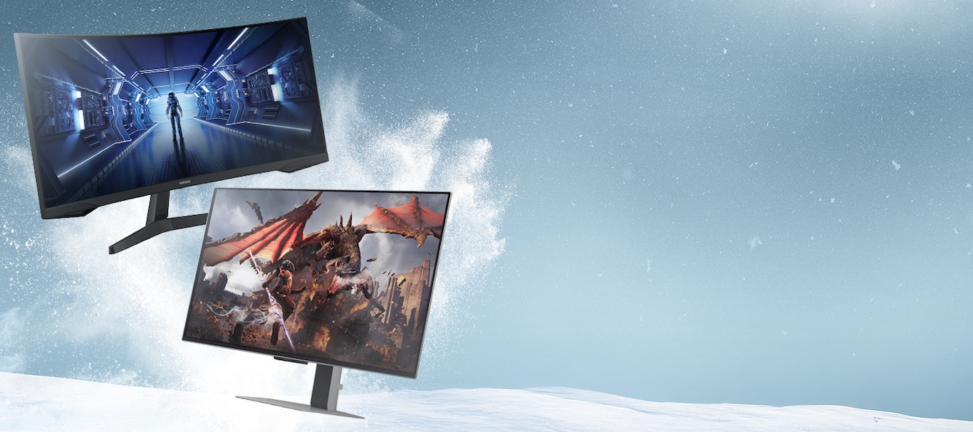 Op de afbeelding zie je het vooraanzicht van een Odyssey G5 Gaming monitor en Odyssey G8 OLED monitor weergegeven in het ‘Solden’ campagne thema