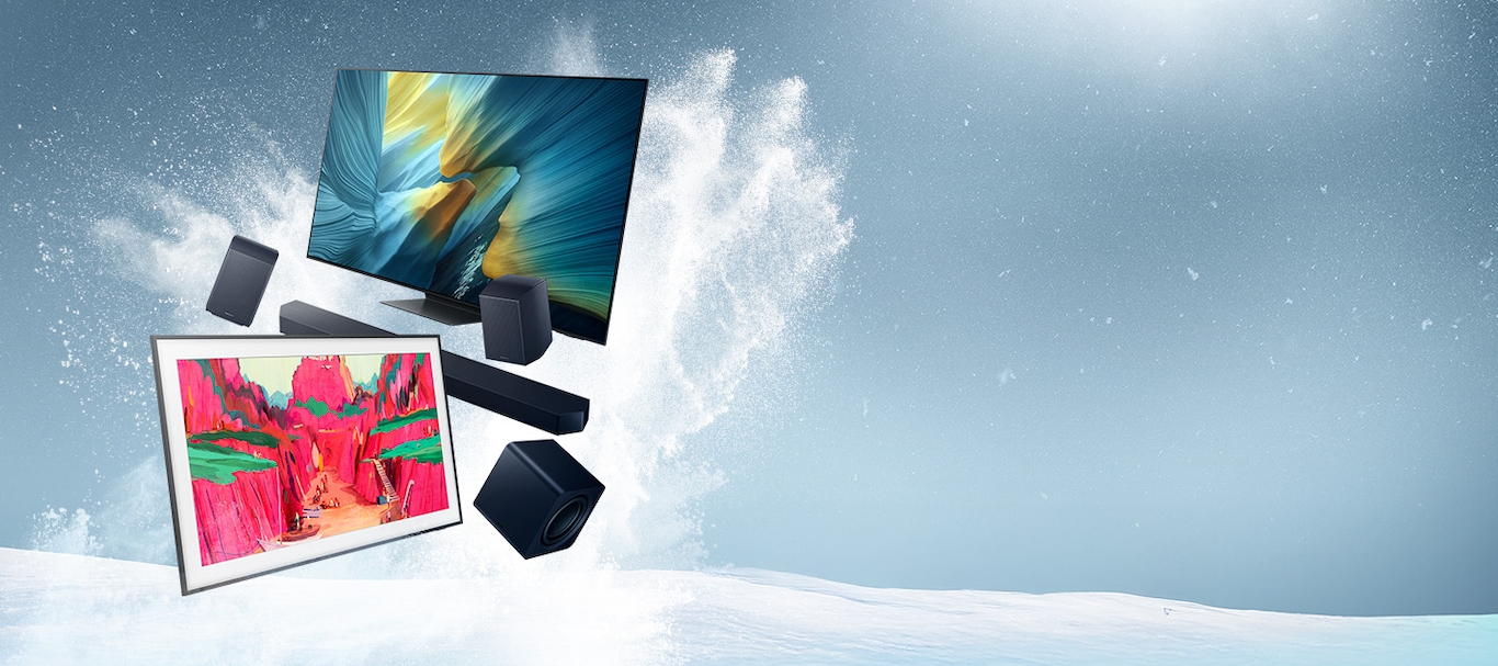 Op de afbeelding zie je het vooraanzicht van de OLED 4K Samsung Vision AI Smart TV S95F, Crystal UHD TV en Soundbar 