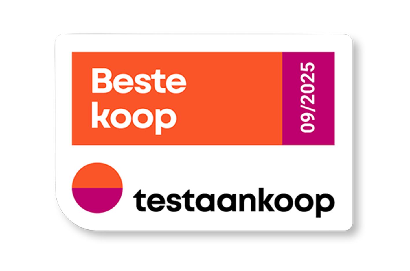 Vierkante testaankoop logo in de kleuren oranje, paars en wit met daarin de tekst beste koop weergeven