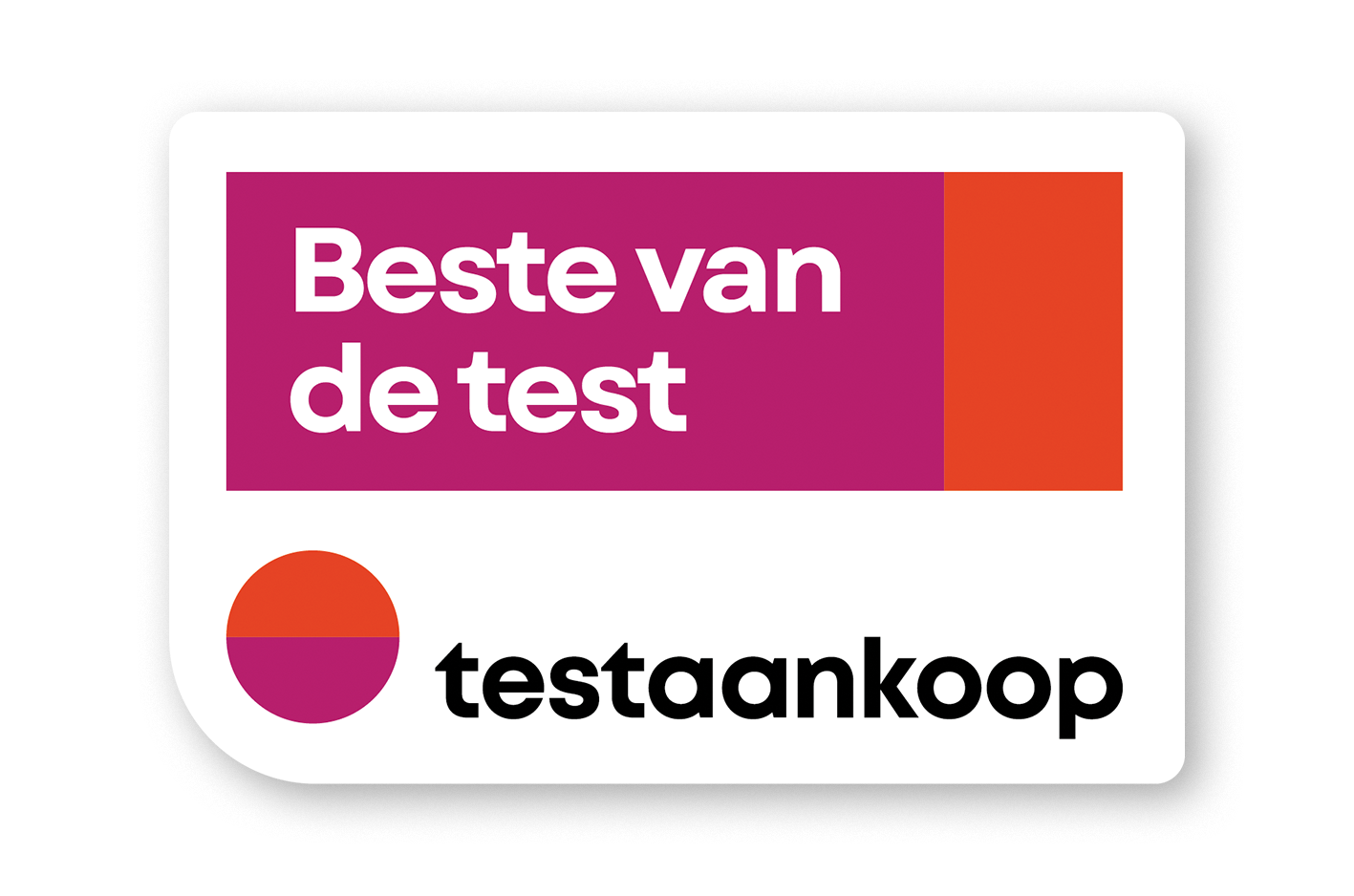 Vierkante testaankoop logo in de kleuren oranje, paars en wit met daarin de tekst beste koop weergeven