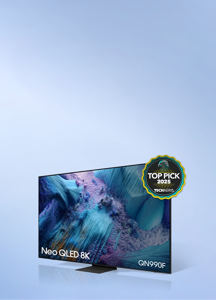 Een Neo QLED 8K QN990F met TOP PICK 2025 TECHAERIS logo.