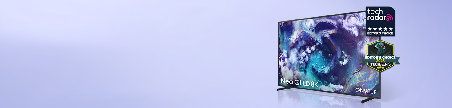 Een Neo QLED 8K QN900F met tech radar EDITOR'S CHOICE logo and EDITOR'S CHOICE 2025 TECHAERIS logo.