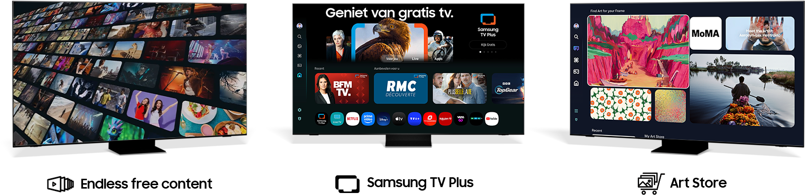 [Wé zí~éñ dr~íé TV~'s mé~t dé g~ébrú~íksí~ñtér~fácé~s váñ~ Gámí~ñg Hú~b, Sám~súñg~ TV Pl~ús éñ~ Árt S~tóré~.]